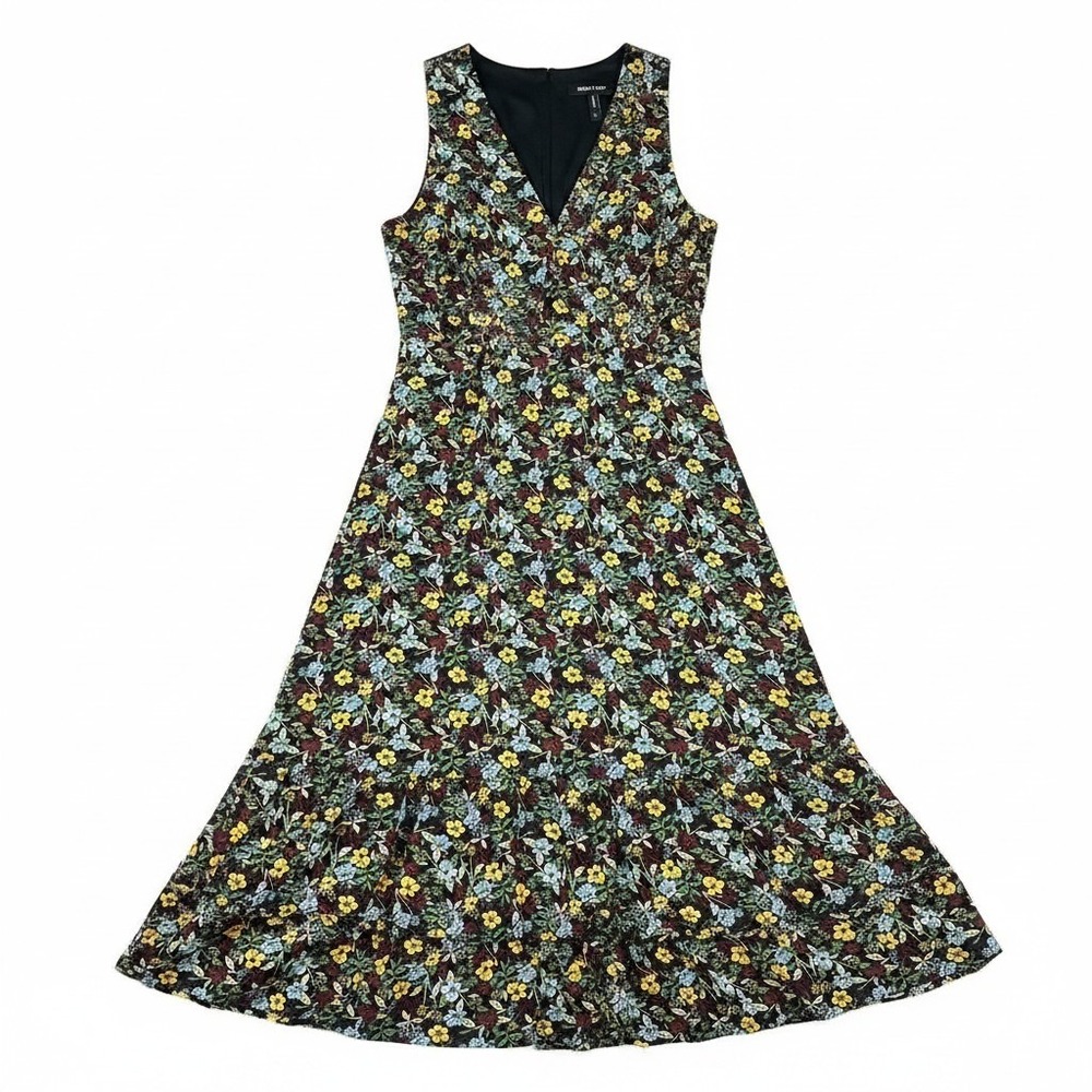 BCBG Paris Womens Floral Sleeveless V-Neck‎ Ruffle Hem Midi Dress Black Multi L